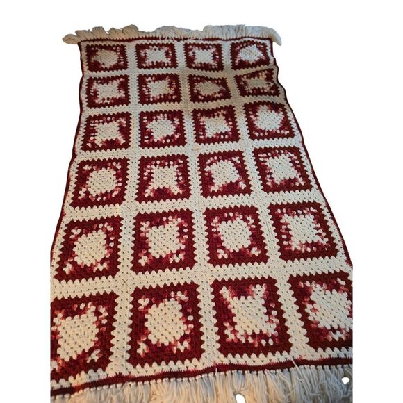 Vintage Other - Vintage 70s Handmade Crochet Granny Square Knit Throw Blanket Red Pink